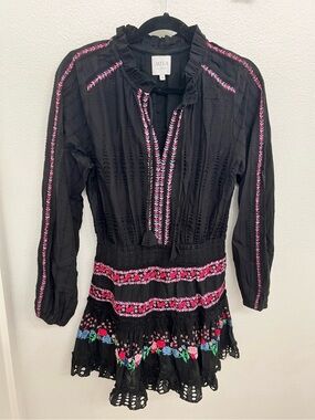 Misa Los Angeles Black Mini Dress with Pink & Green Embroidery in size small